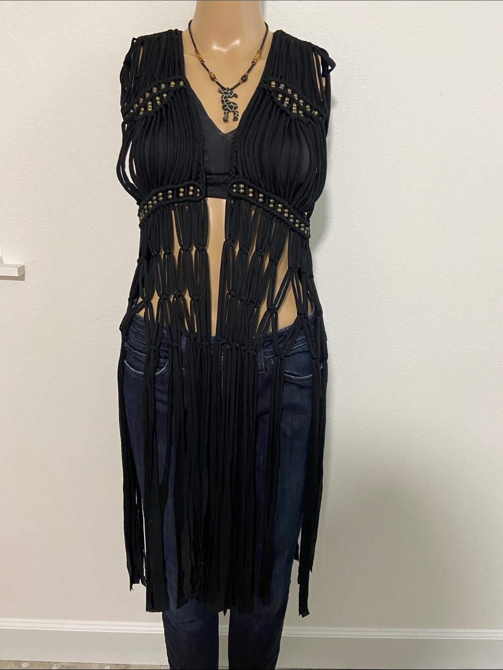 Wishlist Black Knotted boho Fringe Vest
